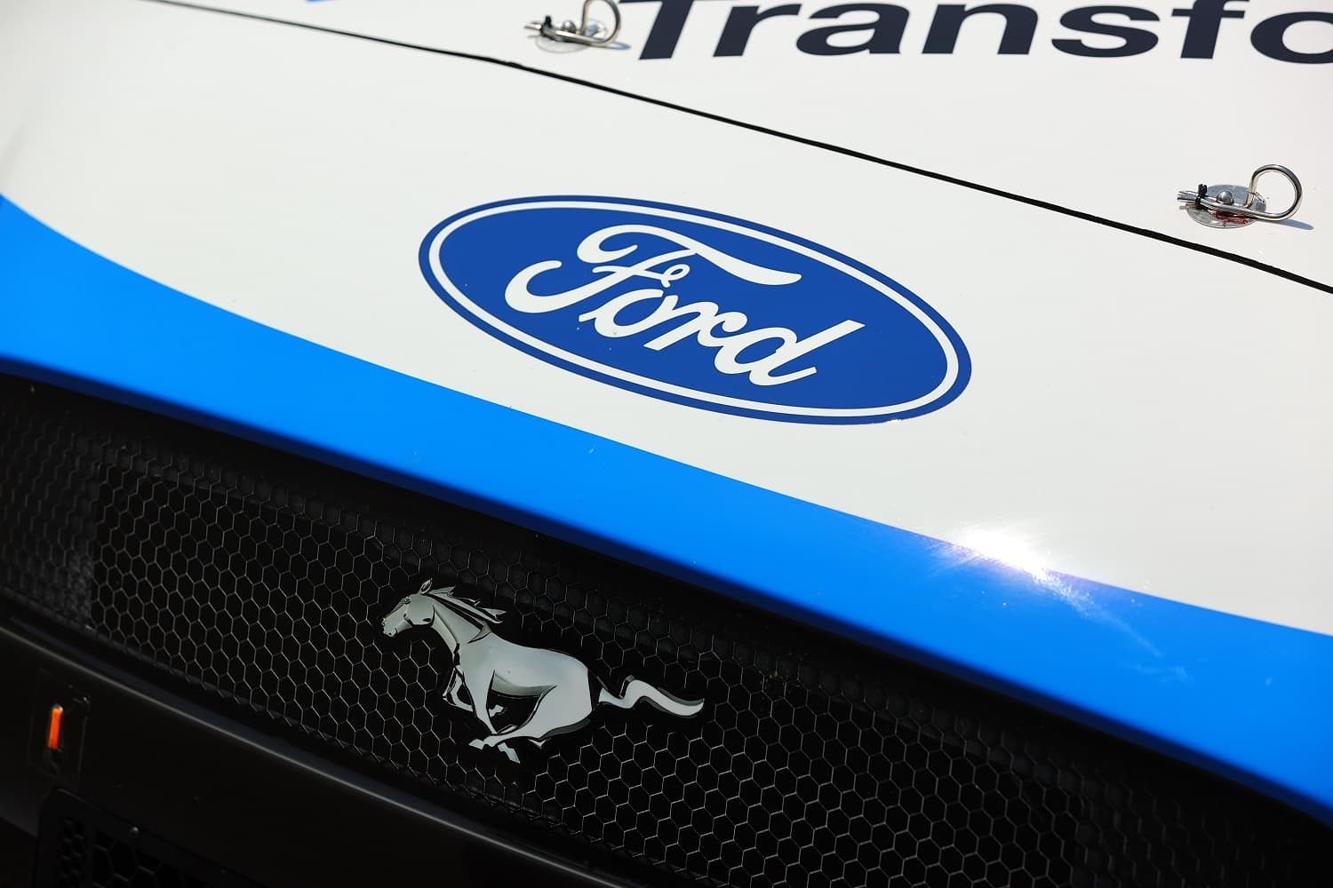 A general view of the Ford and Mustang logos prior to the NASCAR Cup Series M&MS Fan Appreciation 400 on July 24, 2022, at Pocono Raceway in Long Pond, Pennsylvania.