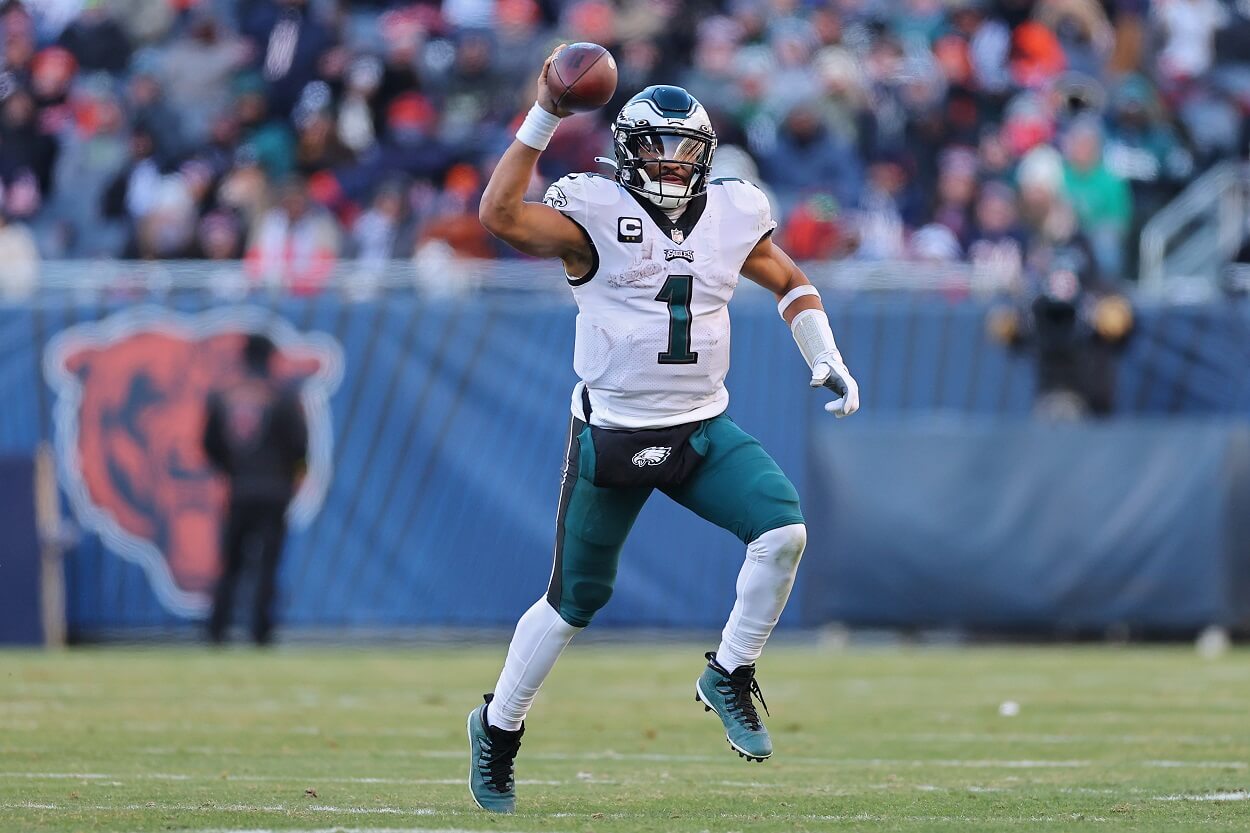 Jalen Hurts #1 of the Philadelphia Eagles scrambles during the second half in the game against the Chicago Bears at Soldier Field on December 18, 2022 in Chicago, Illinois