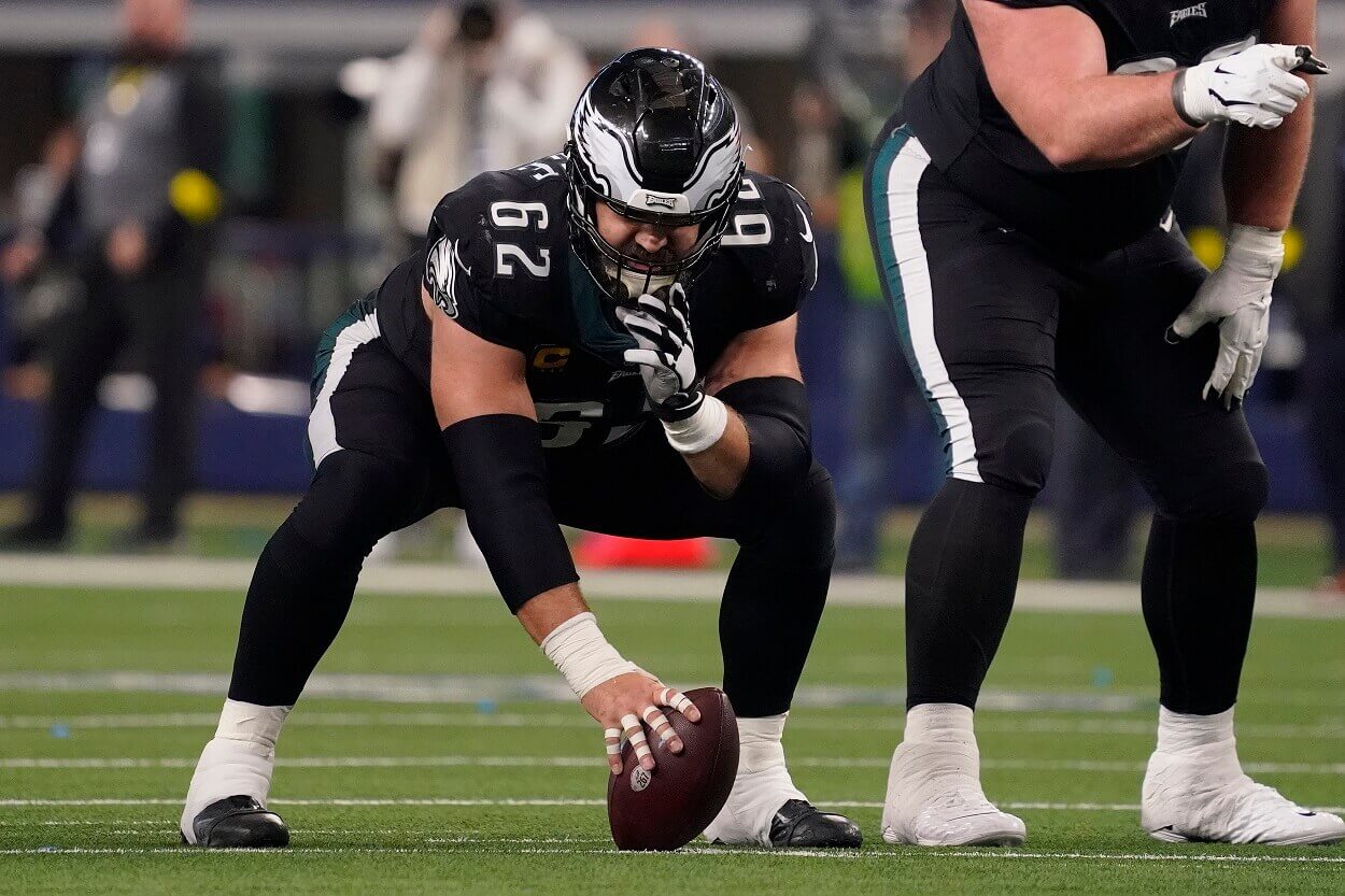 Jason Kelce #62 of the Philadelphia Eagles prepares to snap the ball during the first half in the game against the Dallas Cowboys at AT&T Stadium on December 24, 2022 in Arlington, Texas