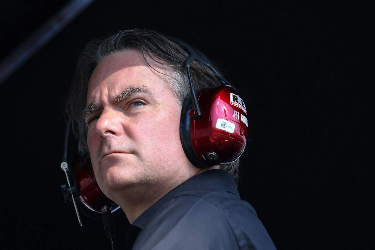 Jeff Gordon, Vice Chairman of Hendrick Motorsports, looks on during the NASCAR Cup Series Quaker State 400 in 2022