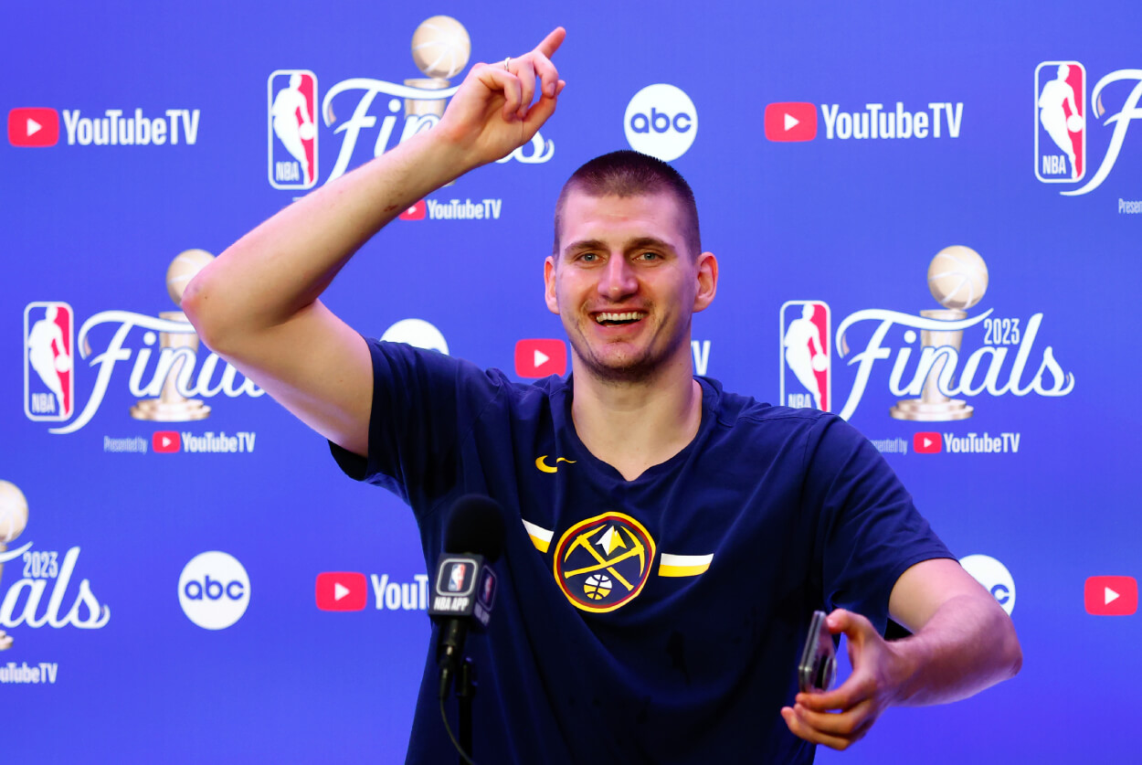 Nikola Jokic of the Denver Nuggets speaks with media after winning the NBA Championship.