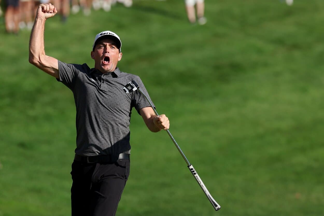 Keegan Bradley celebrates winning the 2023 Travelers Championship