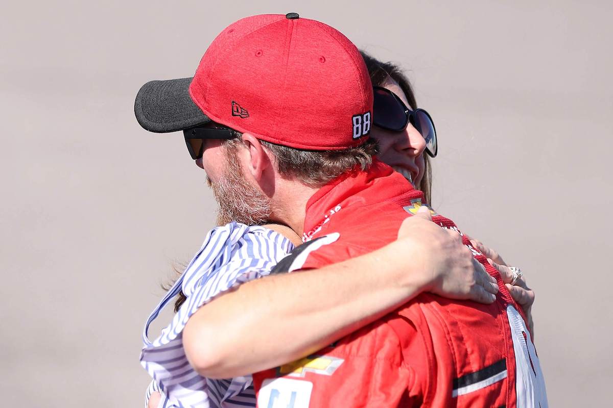 NASCAR driver Dale Earnhardt Jr. hugs his sister Kelley Earnhardt Miller before the 2017 Monster Energy NASCAR Cup Series Championship Ford EcoBoost 400