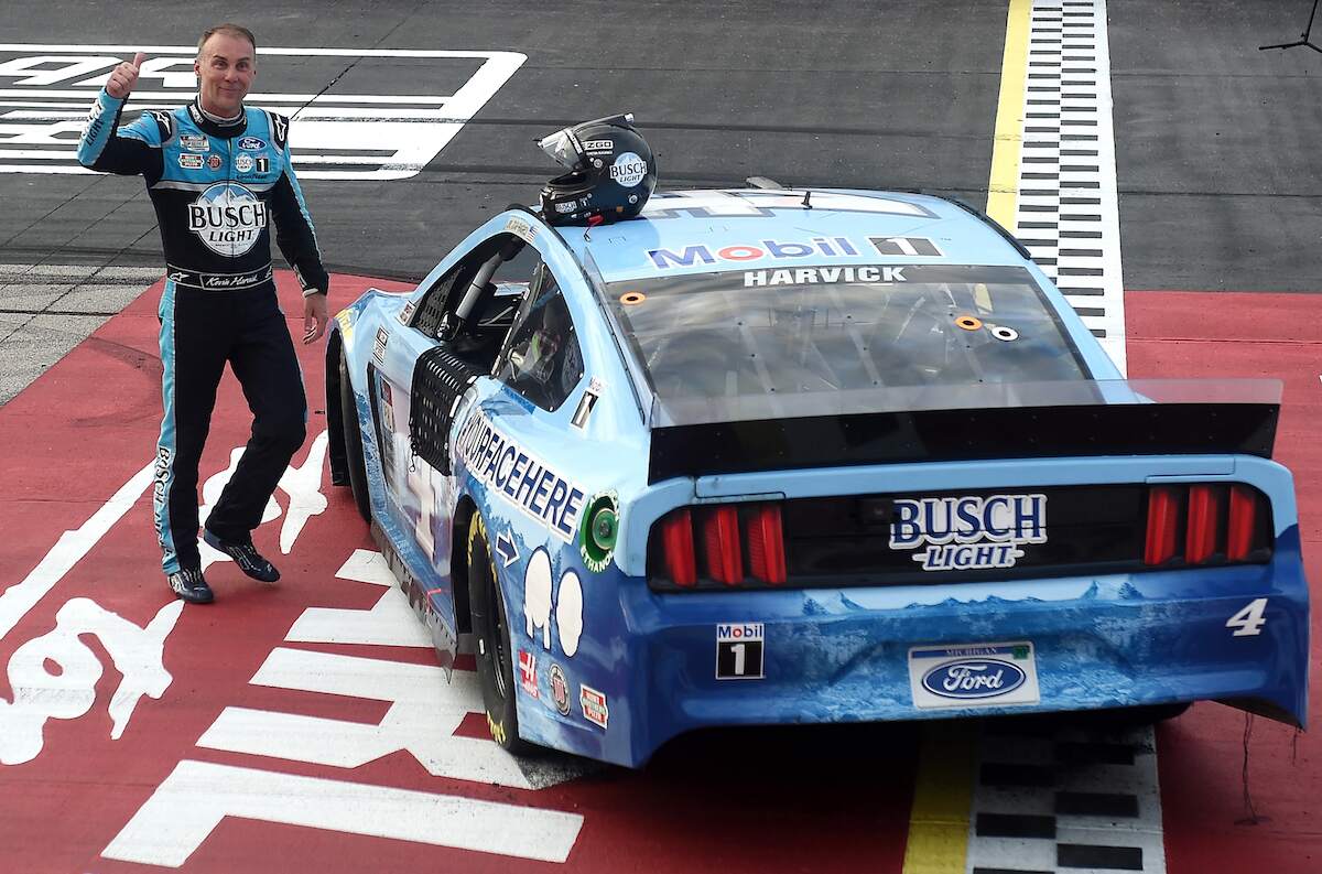 Kevin Harvick celebrates winning the NASCAR Cup Series The Real Heroes 400 at Darlington Raceway in 2020