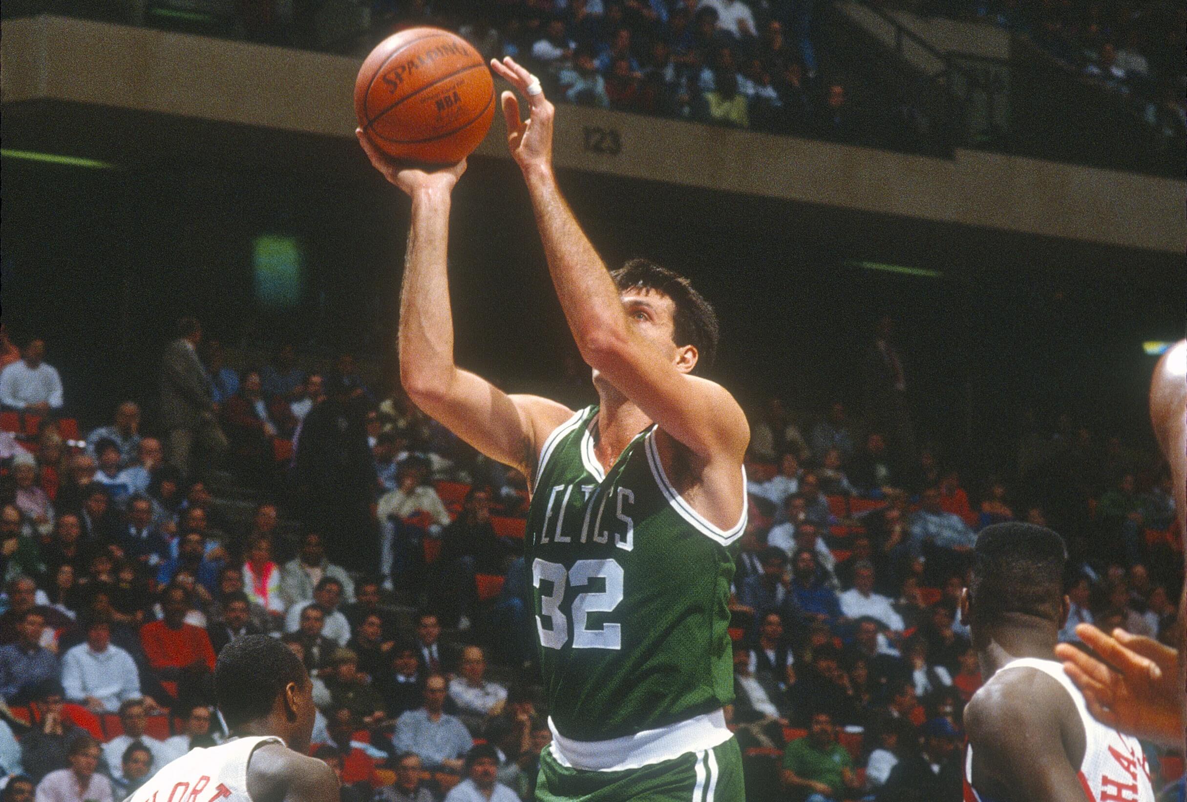 Kevin McHale of the Boston Celtics shoots against the New Jersey Nets during an NBA game circa 1988.