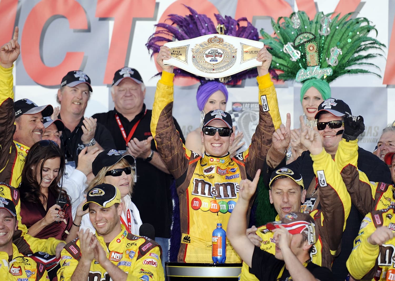 NASCAR star Kyle Busch celebrates in Victory Lane after winning the Shelby 427 at Las Vegas Motor Speedway on March 1, 2009. | Rusty Jarrett/Getty Images for NASCAR