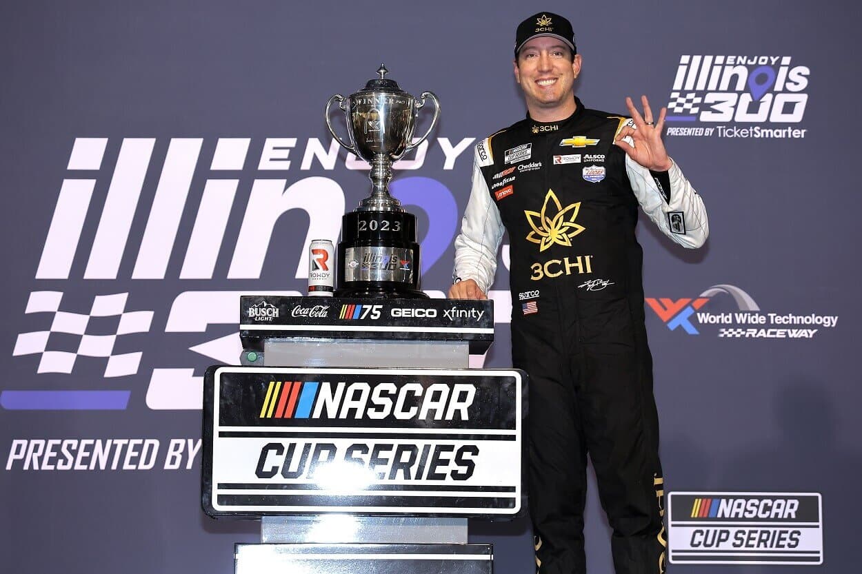 Kyle Busch celebrates his win at the NASCAR Cup Series Enjoy Illinois 300