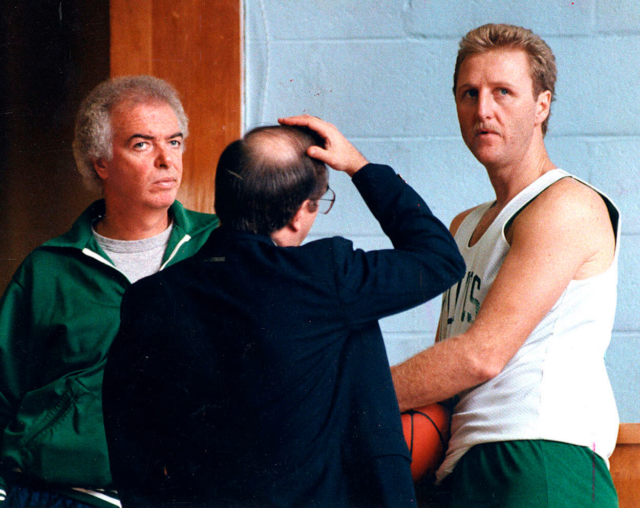 Larry Bird (L) during a Boston Celtics practice.