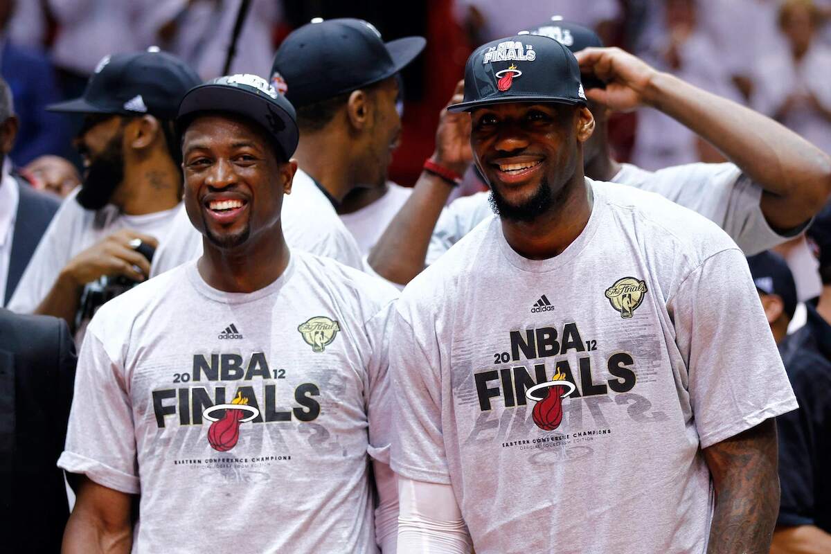 Dwyane Wade and LeBron James celebrate winning the 2012 Eastern Conference Finals