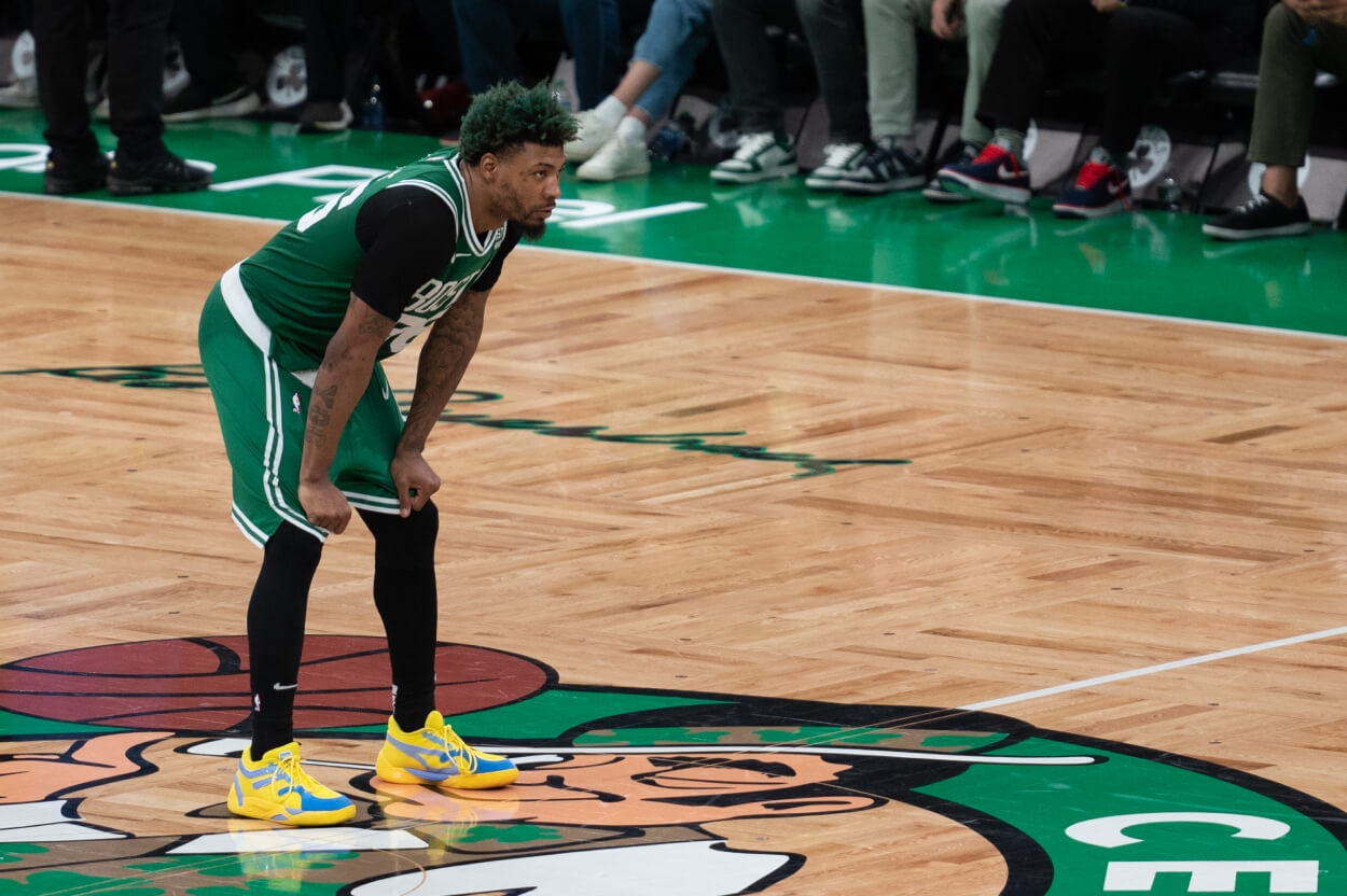 Marcus Smart of the Boston Celtics stares downcourt during Game 7 of the NBA Eastern Conference Finals.