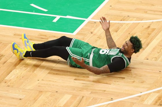 Marcus Smart of the Boston Celtics reacts on the court.