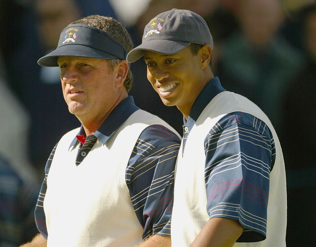 Mark Calcavecchia and Tiger Woods during the 2002 Ryder Cup