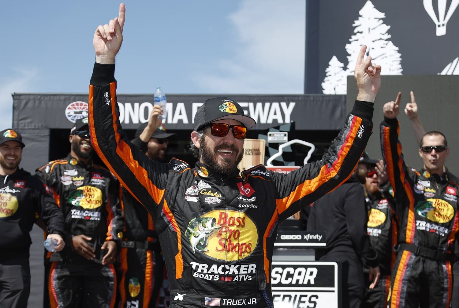 Martin Truex Jr. celebrates in victory lane after winning the NASCAR Cup Series Toyota / Save Mart 350 at Sonoma Raceway on June 11, 2023.
