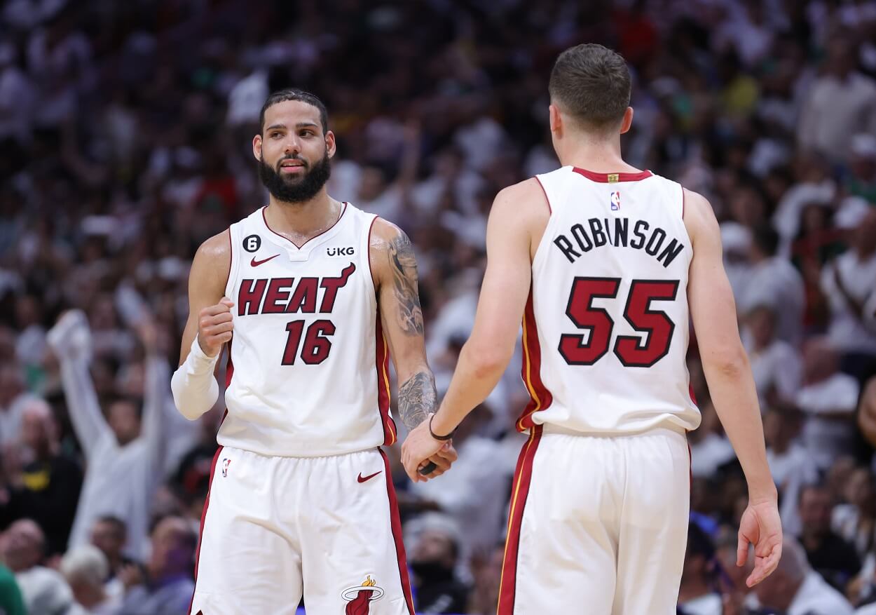 Undrafted Miami Heat players Caleb Martin and Duncan Robinson during the 2023 Eastern Conference Finals