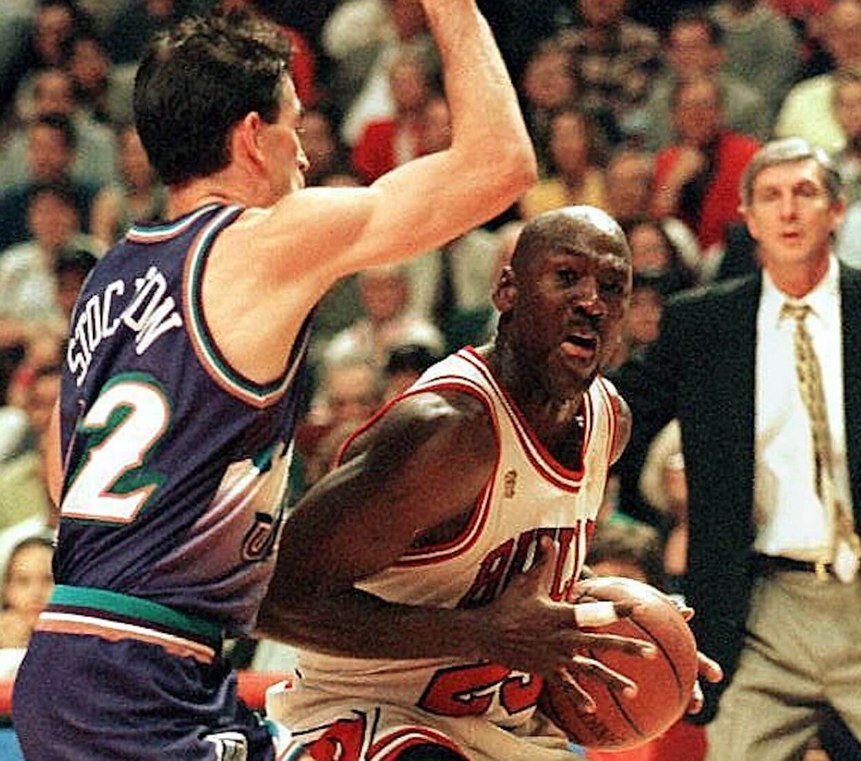 John Stockton (L) defends Michael Jordan (R) during the 1997 NBA Finals.