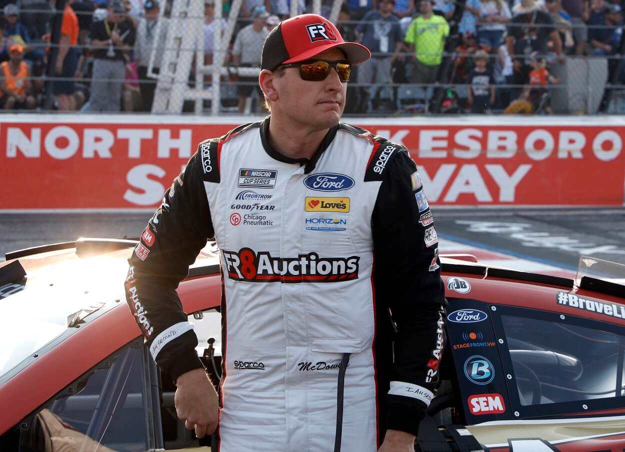 Michael McDowell, driver of the #34 Fr8Auctions Ford, looks on after the NASCAR Cup Series All-Star Open Race at North Wilkesboro Speedway on May 21, 2023 in North Wilkesboro, North Carolina