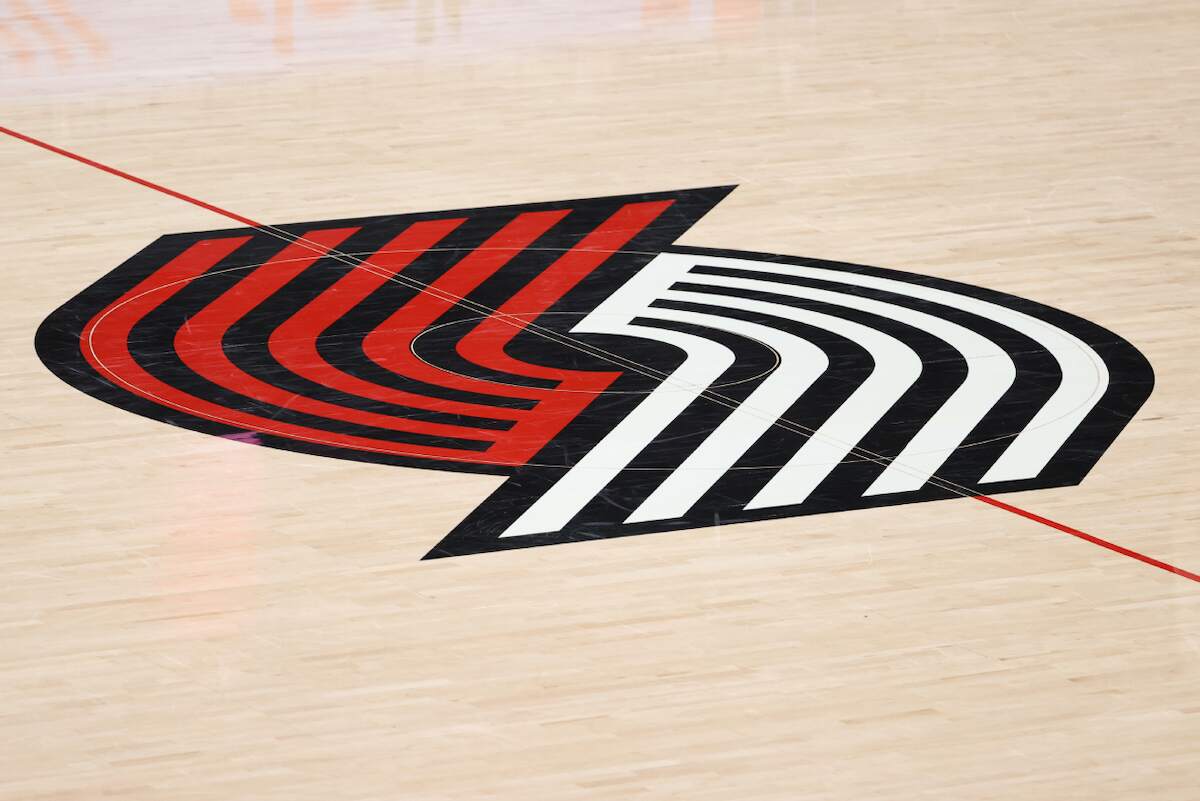 A general view of the Portland Trail Blazers logo on the basketball court