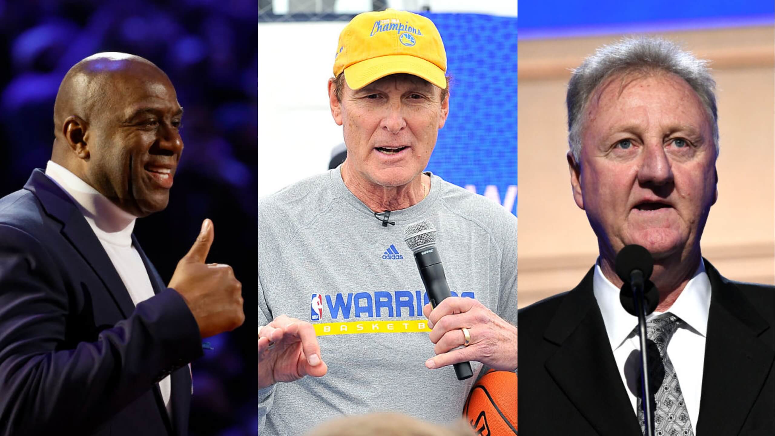 Former NBA players Magic Johnson (L), Rick Barry (C), and Larry Bird (R)