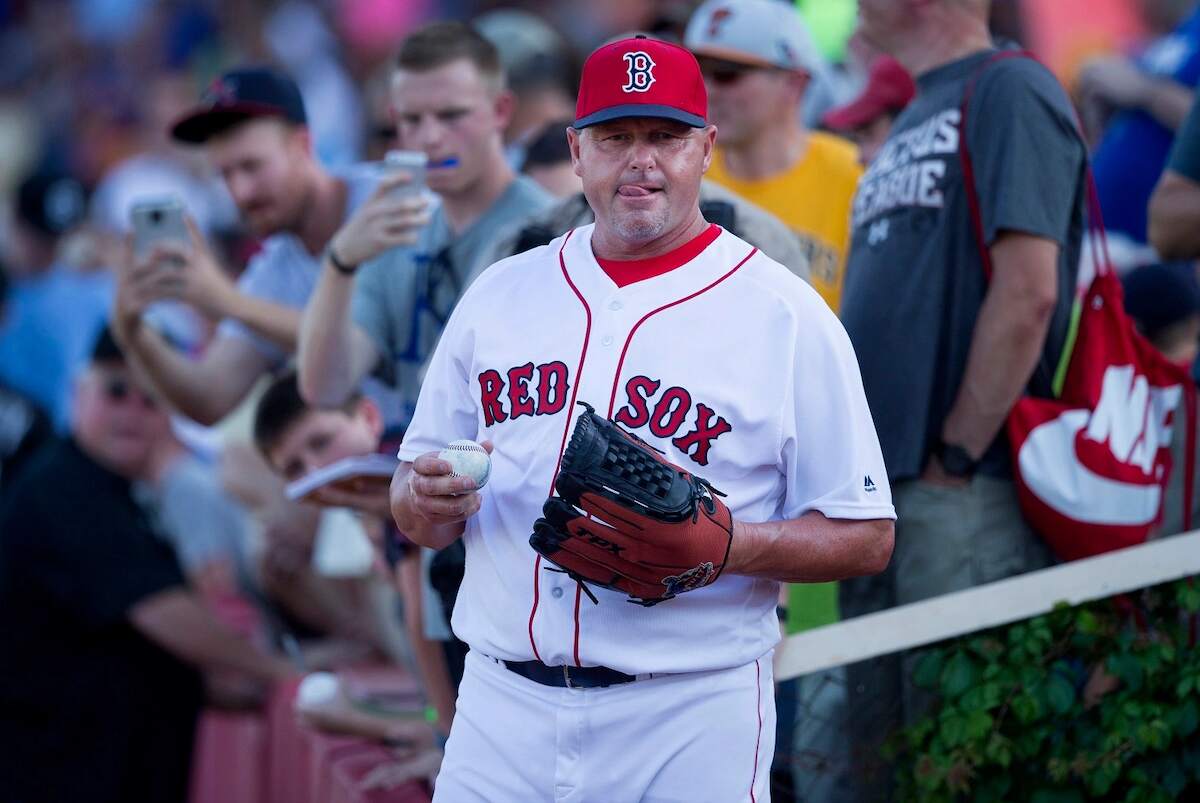 Boston Red Sox Roger Clemens holds the baseball during a MLB game