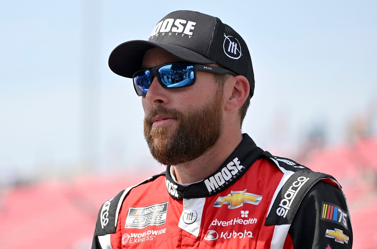 Ross Chastain, driver of the #1 Moose Fraternity Chevrolet, looks on during qualifying for the NASCAR Cup Series Enjoy Illinois 300 at WWT Raceway on June 03, 2023