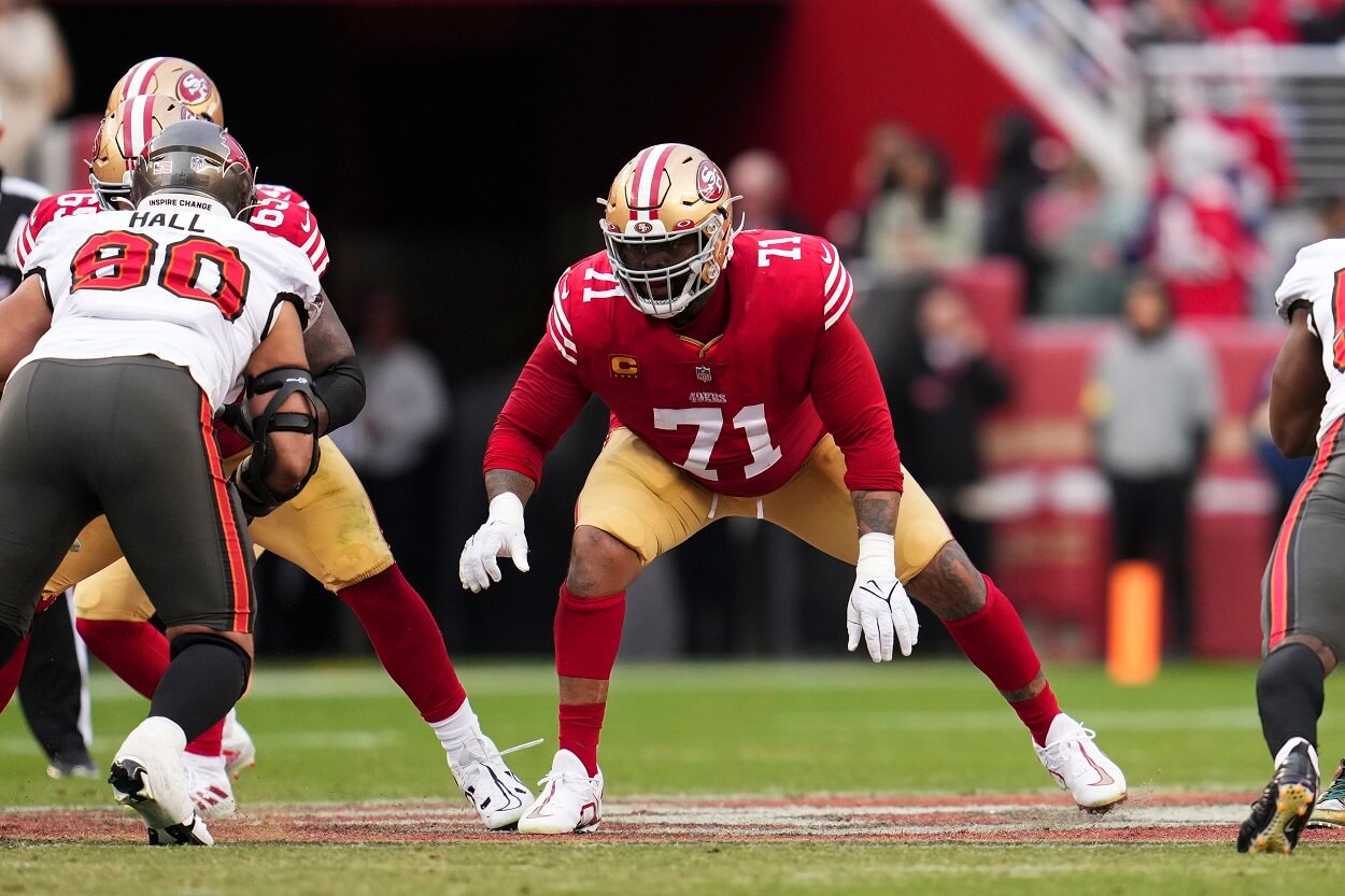 NFL offensive lineman Trent Williams during a 49ers-Buccaneers matchup in December 2022