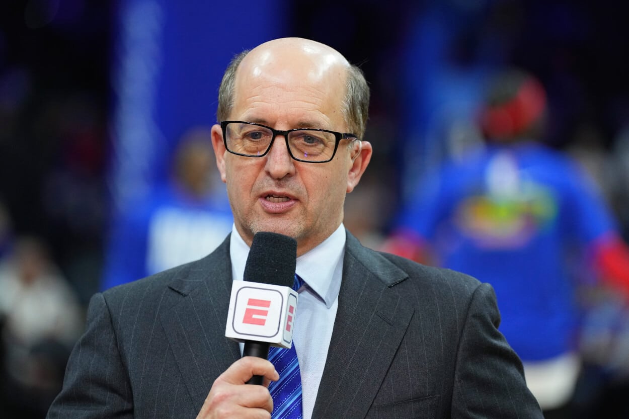 ESPN analyst Jeff Van Gundy looks on prior to the game between the Boston Celtics and Philadelphia 76ers.