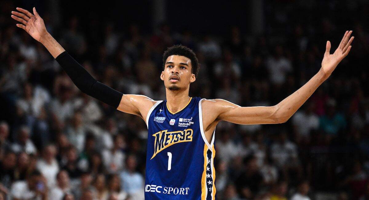 Metropolitan 92's French power forward Victor Wembanyama reacts during the French Elite basketball semi-final playoff match in 2023