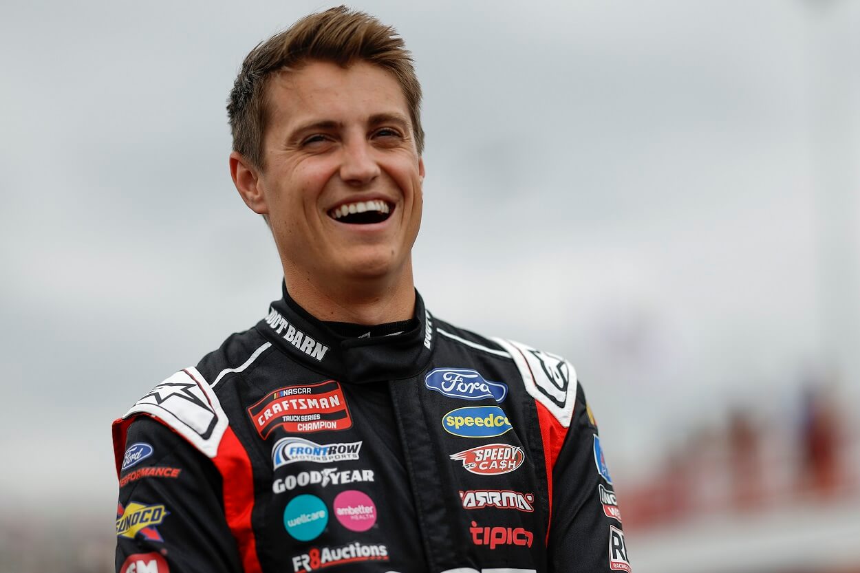 Zane Smith, driver of the #38 Boot Barn Ford, waits on the grid during practice for the NASCAR Craftsman Truck Series Tyson 250 at North Wilkesboro Speedway