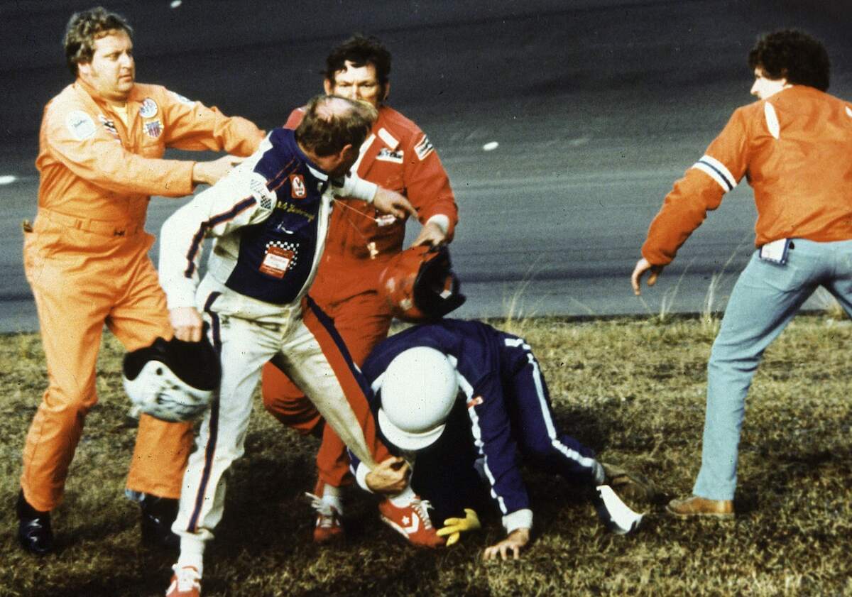 Driver Cale Yarborough wrestles with the Allison brothers at the 1979 Daytona 500