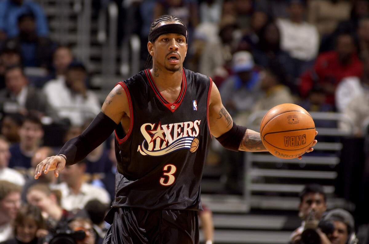 Allen Iverson of the Philadelphia 76ers handles the ball against the Washington Wizards in 2003