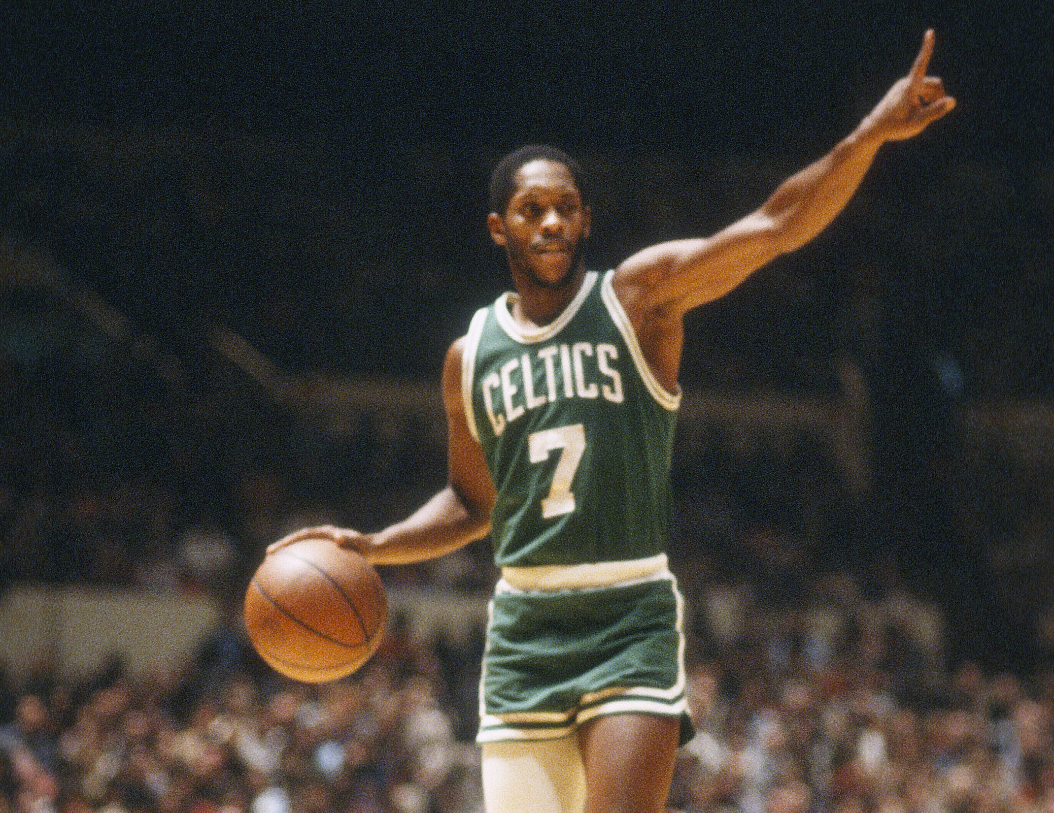 Nate Archibald of the Boston Celtics dribbles the ball during an NBA game circa 1979.