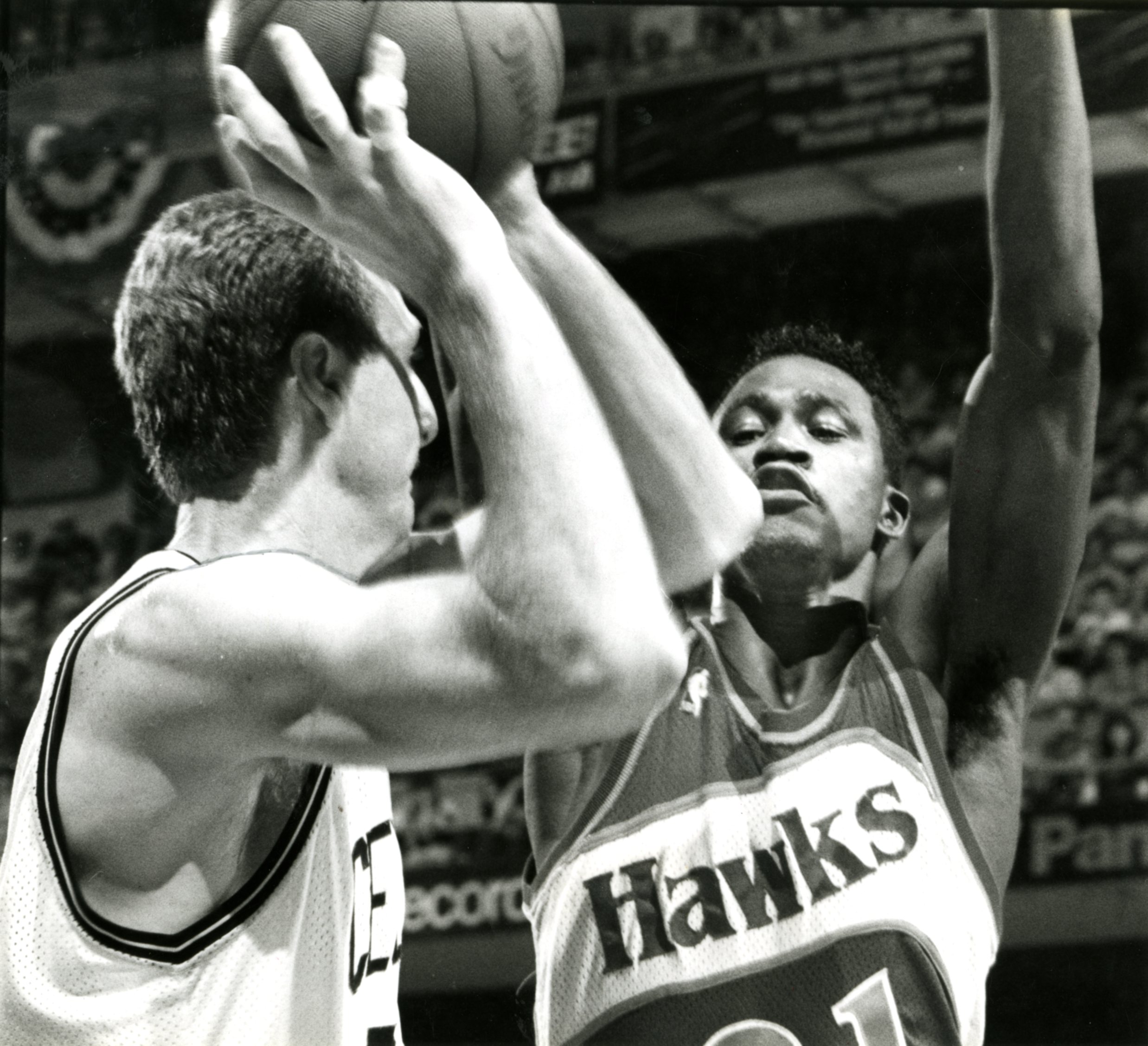 Atlanta Hawks star Dominique Wilkins and the Boston Celtics forward Larry Bird are pictured during Game 7 of the NBA playoffs.
