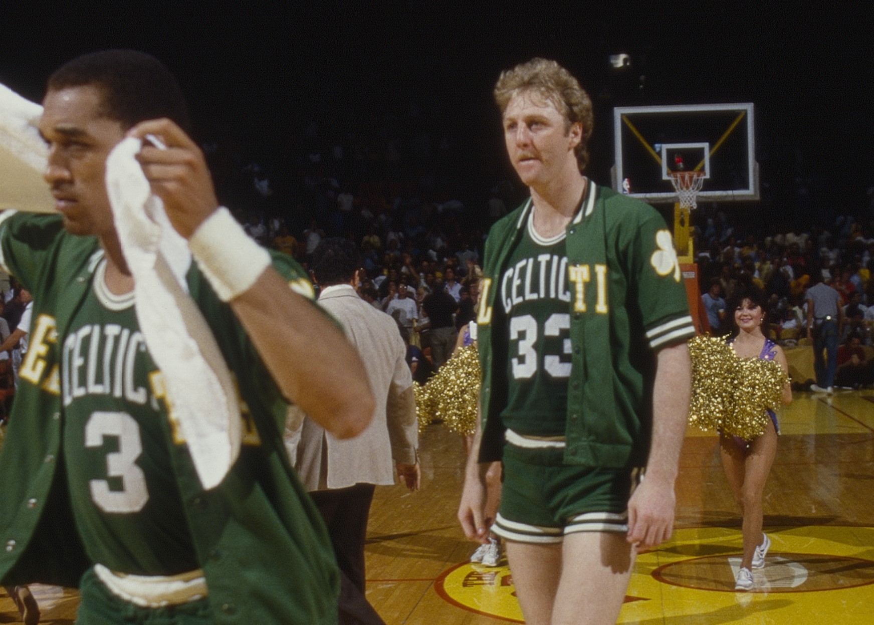 Boston Celtics Larry Bird leaves court after the 1985 NBA Finals.