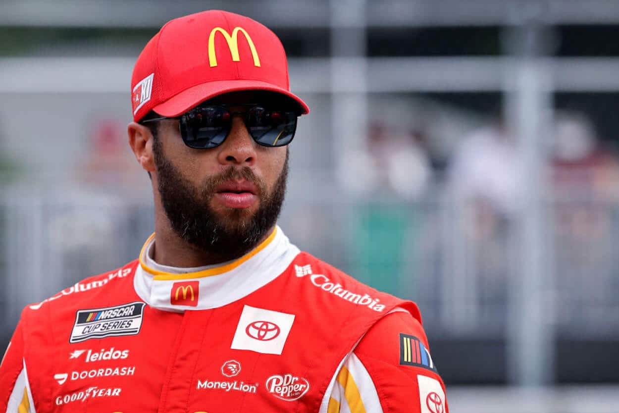 Bubba Wallace looks on during NASCAR Cup Series Grant Park 220 qualifying.