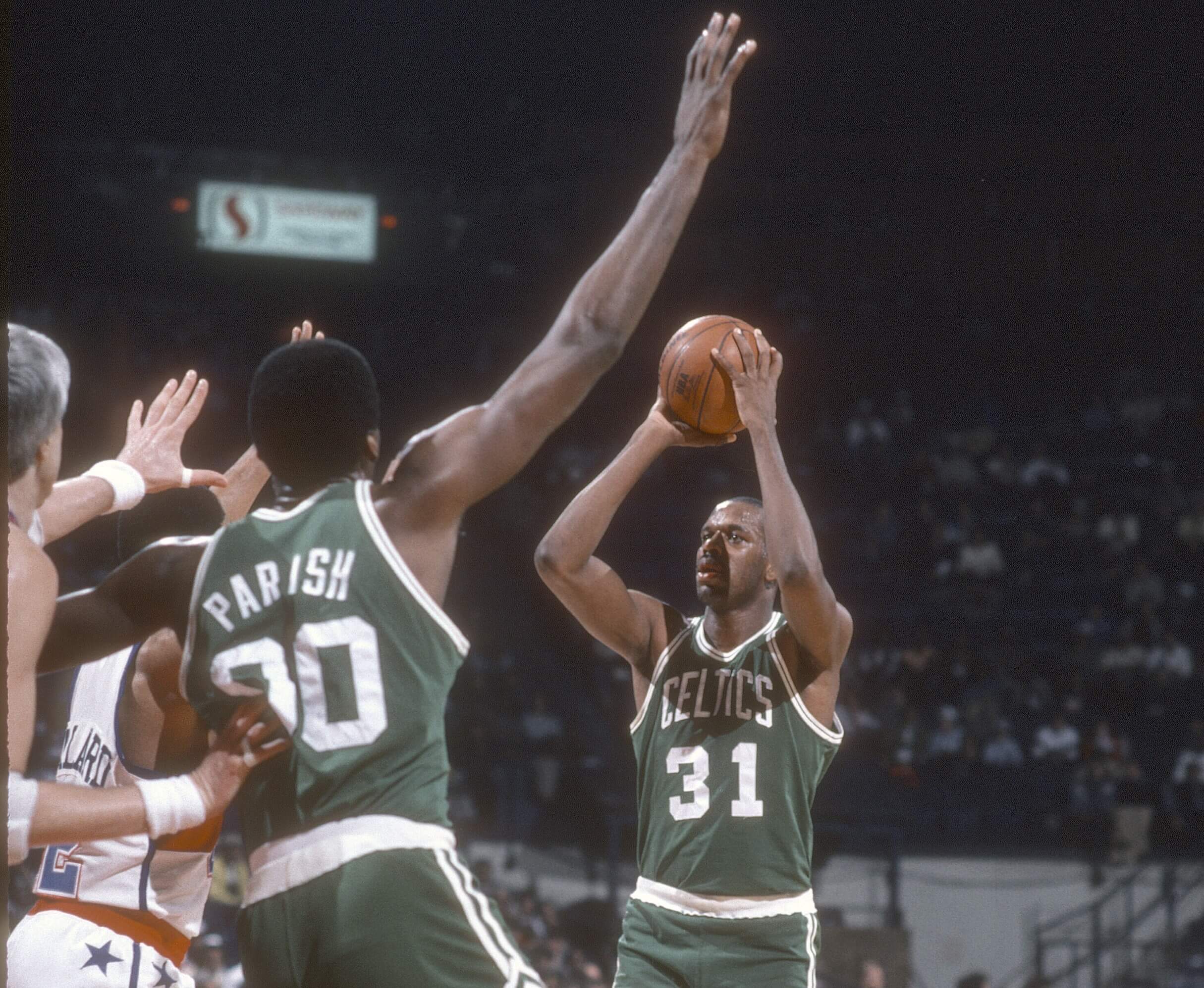 Cedric Maxwell of the Boston Celtics shoots against the Washington Bullets.
