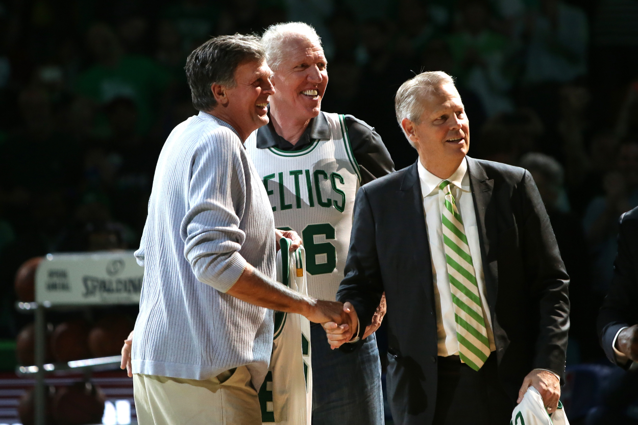 Members of the Boston Celtics 1986 championship team Kevin McHale, Bill Walton and Danny Ainge are honored at halftime of the game between the Boston Celtics and Miami Heat.