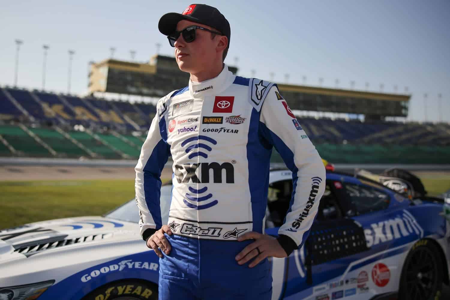 Christopher Bell looks on during qualifying for the NASCAR Cup Series Advent Health 40,0 at Kansas Speedway on May 6, 2023 in Kansas City, Kansas.