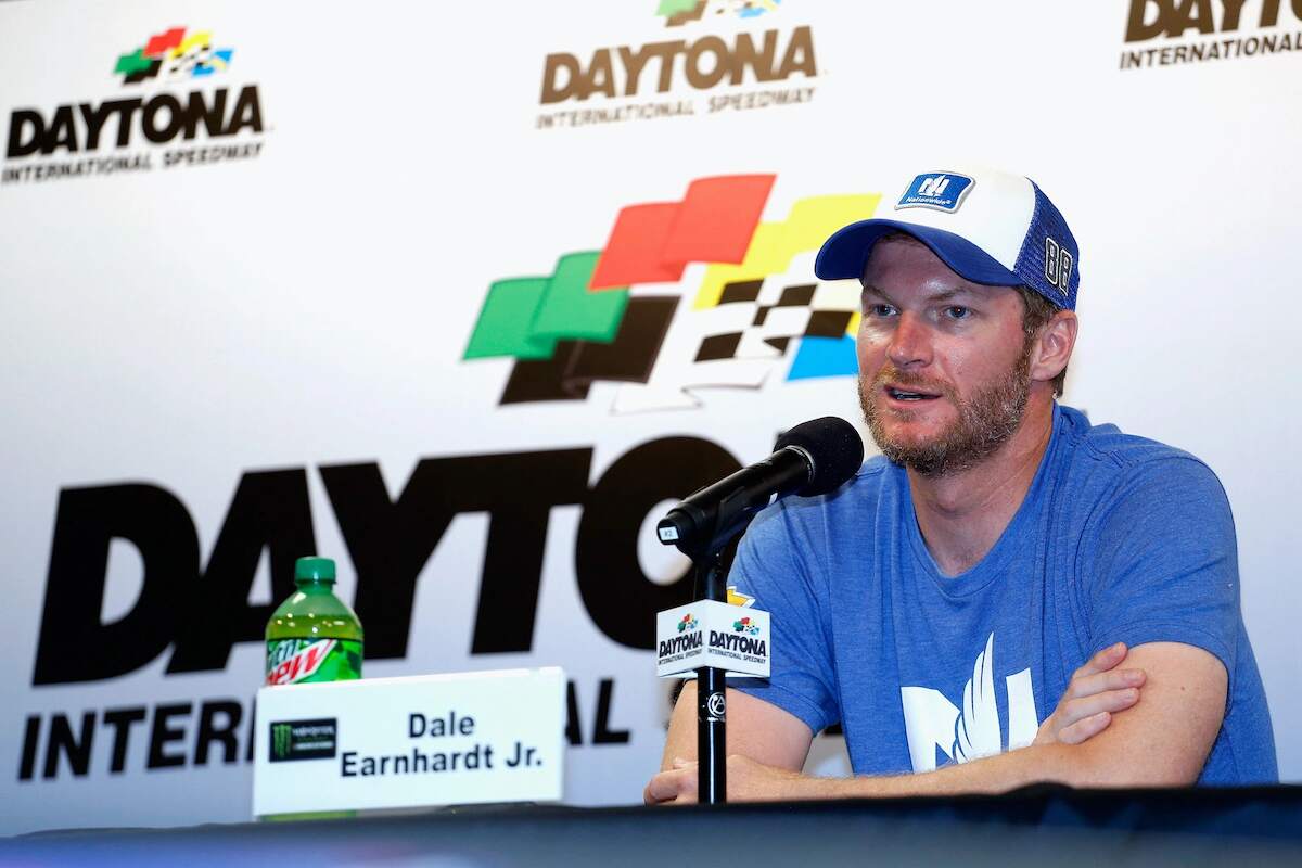 Dale Earnhardt Jr., driver of the #88 Nationwide Chevrolet, speaks with the media during a press conference at Daytona International Speedway on June 30, 2017