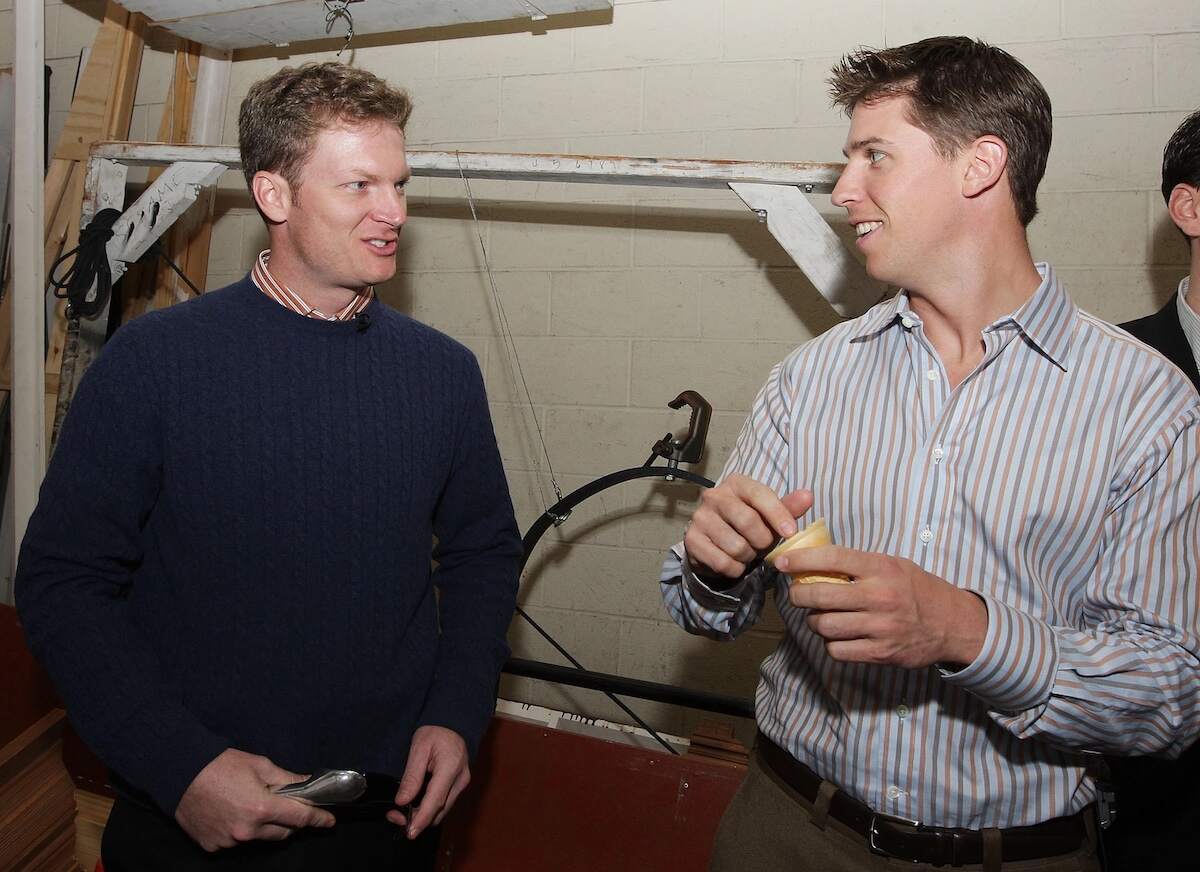 Dale Earnhardt Jr. and Denny Hamlin practice an ice cream throwing stunt backstage prior to their apperance on "Live with Regis and Kelly"