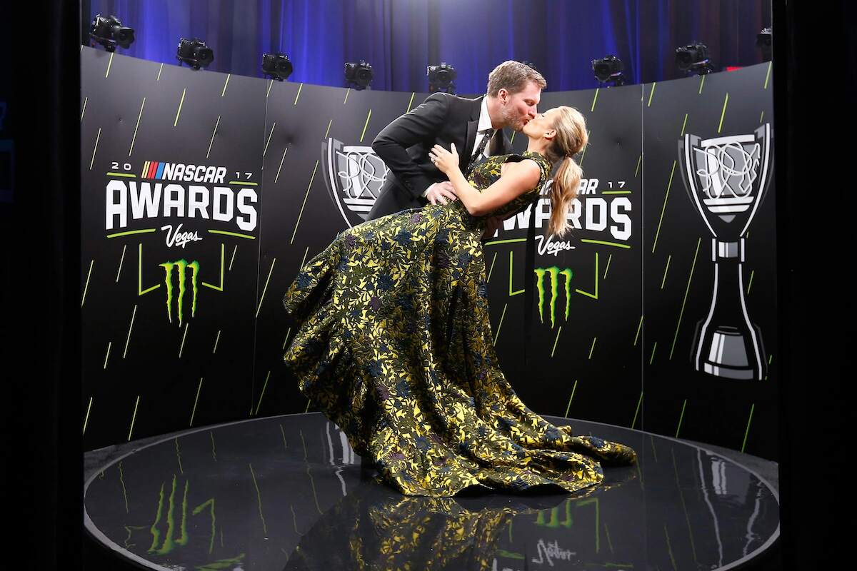 Dale Earnhardt Jr. shares a moment with his wife Amy following the Monster Energy NASCAR Cup Series awards in 2017