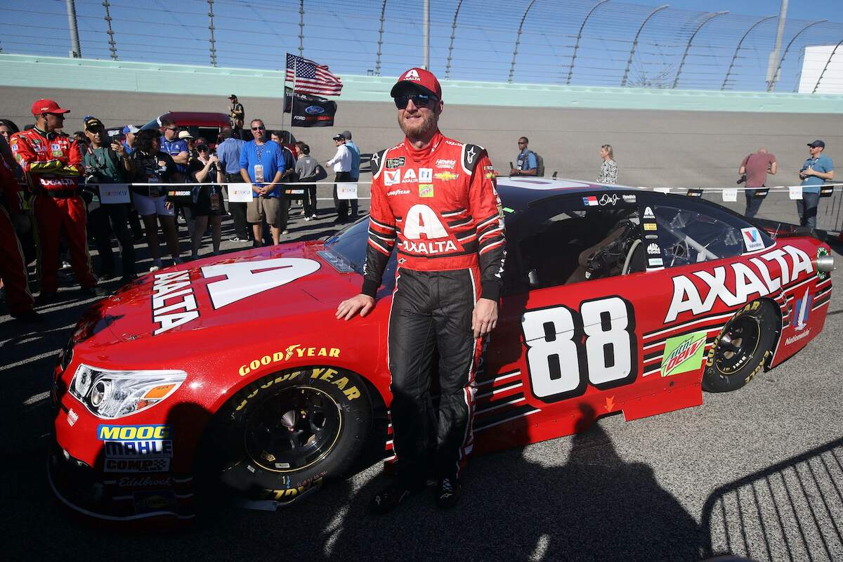 Dale Earnhardt Jr., driver of the #88 AXALTA Chevrolet, takes part in pre-race ceremonies for the Monster Energy NASCAR Cup Series Championship Ford EcoBoost 400 at Homestead-Miami Speedway on November 19, 2017