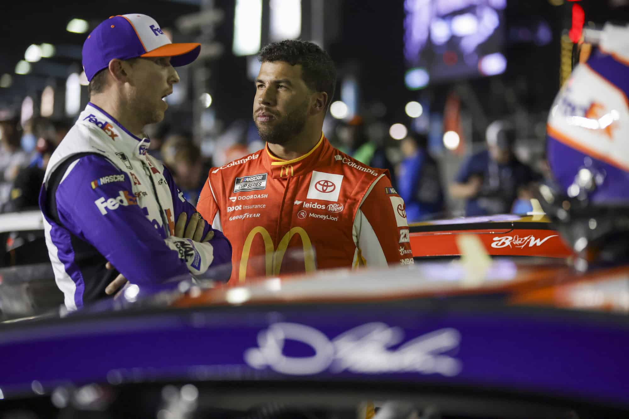 Denny Hamlin and Bubba Wallace talk.