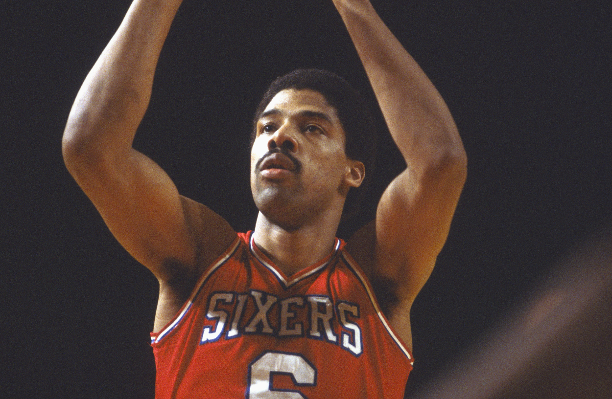 Julius Erving of the Philadelphia 76ers shoots from the free-throw line.