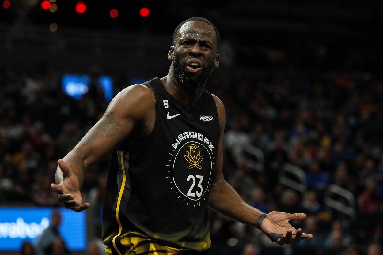 Draymond Green #23 of the Golden State Warriors argues a call during the second quarter at Chase Center on March 28, 2023 in San Francisco, California