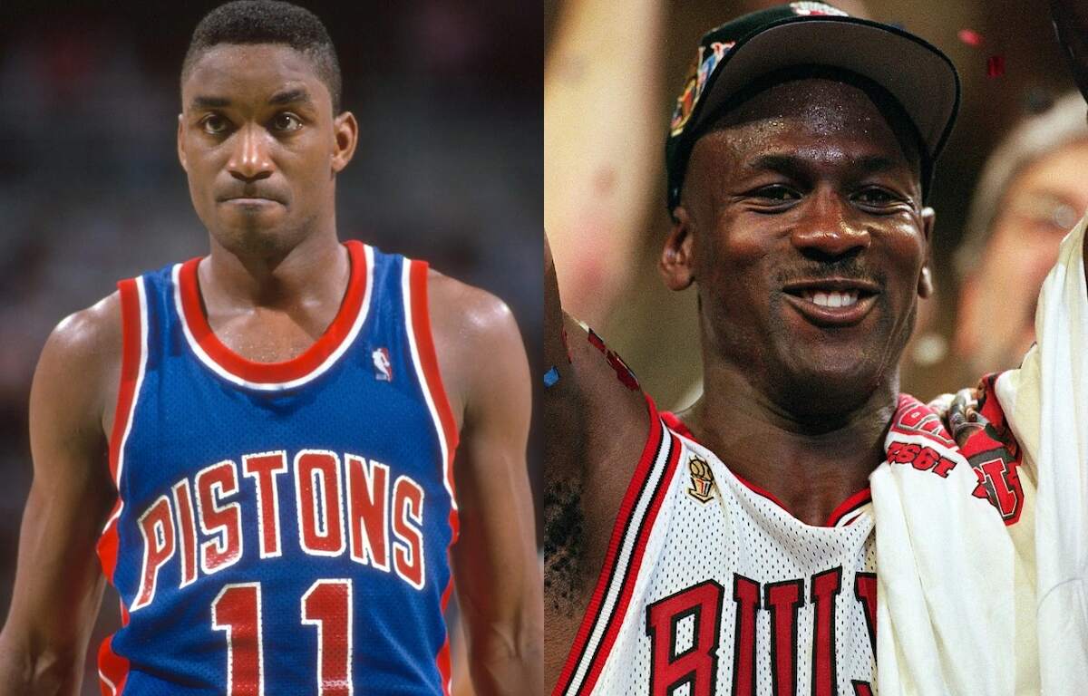 An image of Isiah Thomas in a Pistons jersey alongside an image of Michael Jordan in a Bulls jersey