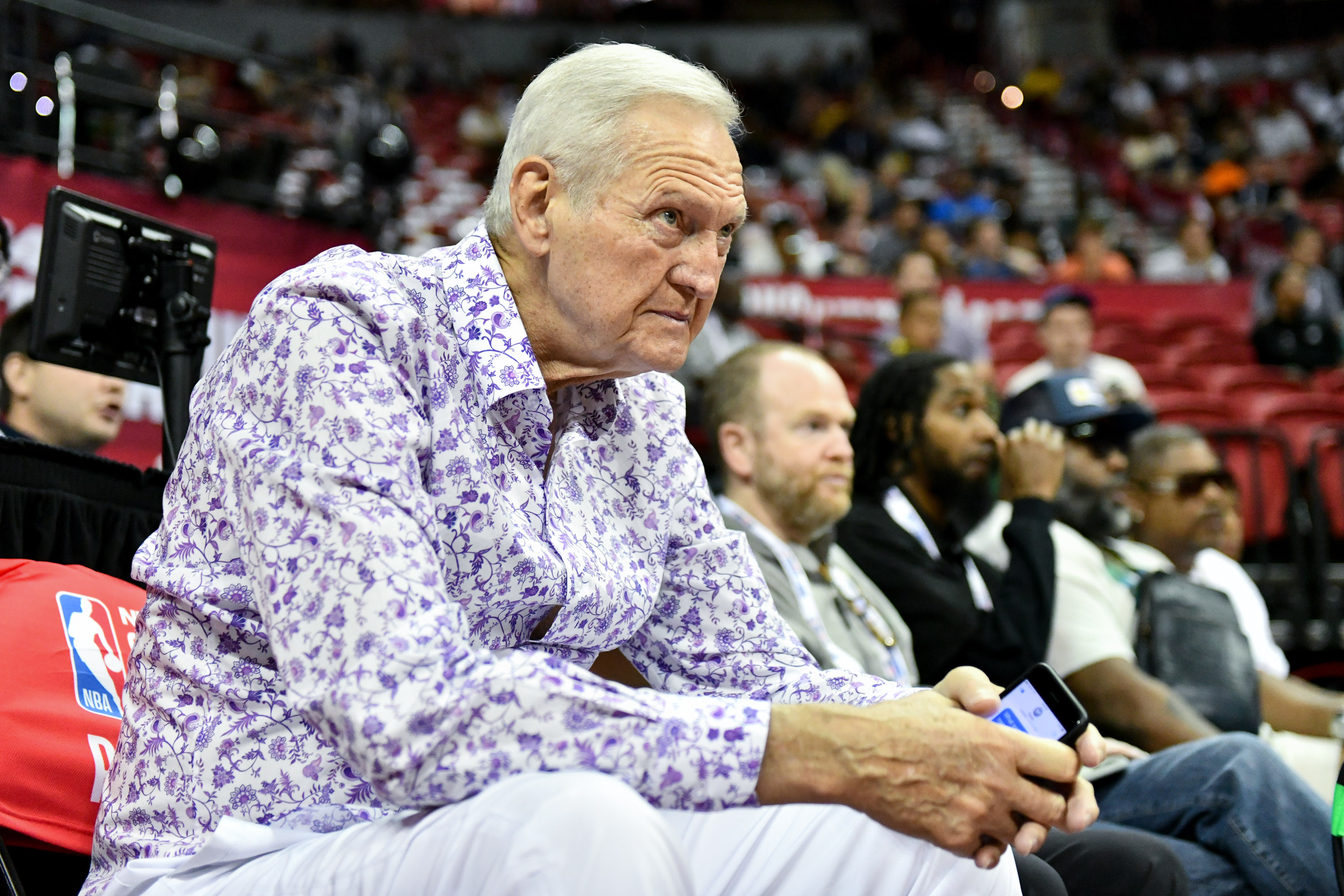 Jerry West attends a basketball game between the Charlotte Hornets and the Portland Trail Blazers.