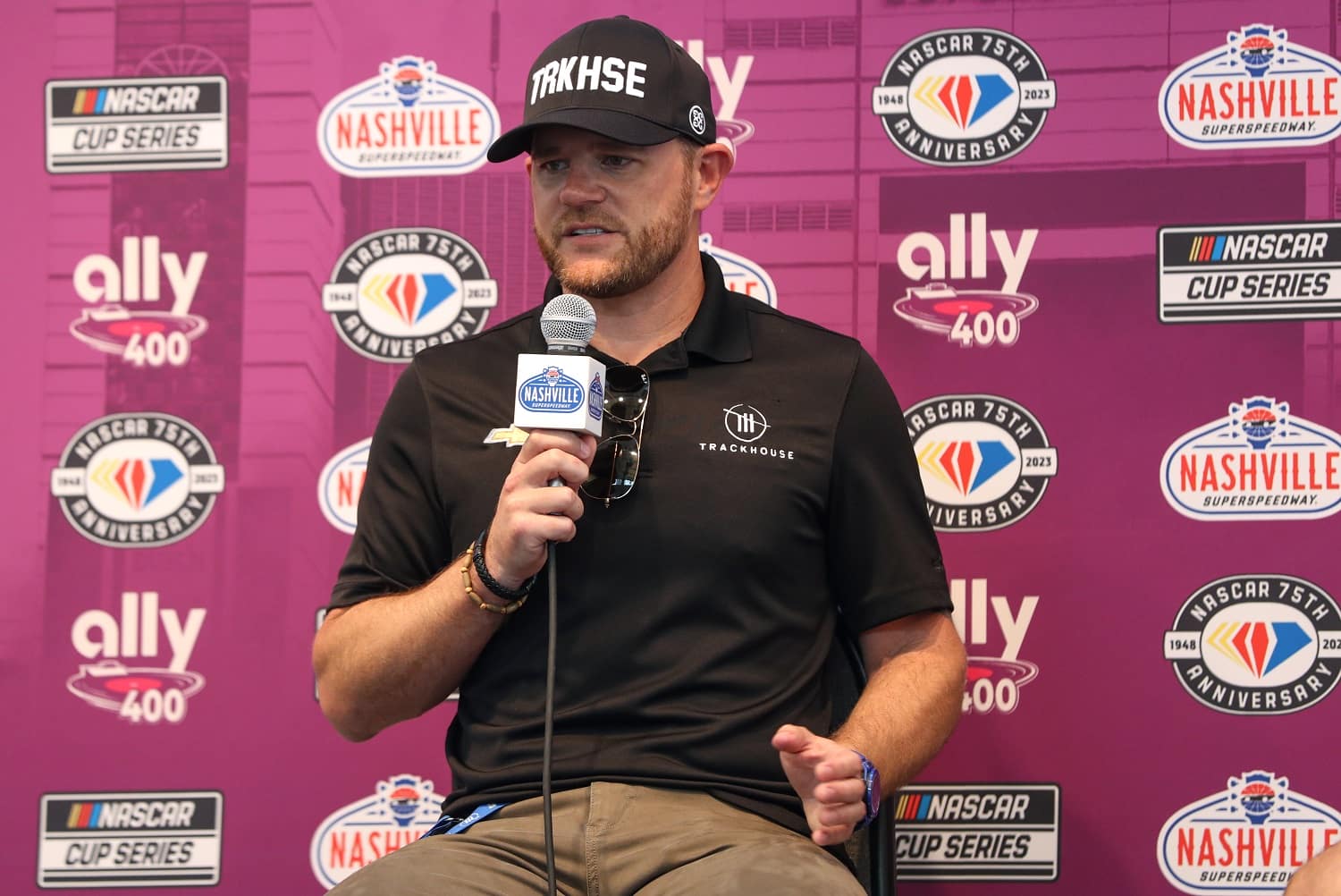 Trackhouse Racing co-owner Justin Marks speaks to the media prior to the NASCAR Cup Series Ally 400 at Nashville Superspeedway on June 25, 2023, in Lebanon, Tennessee.