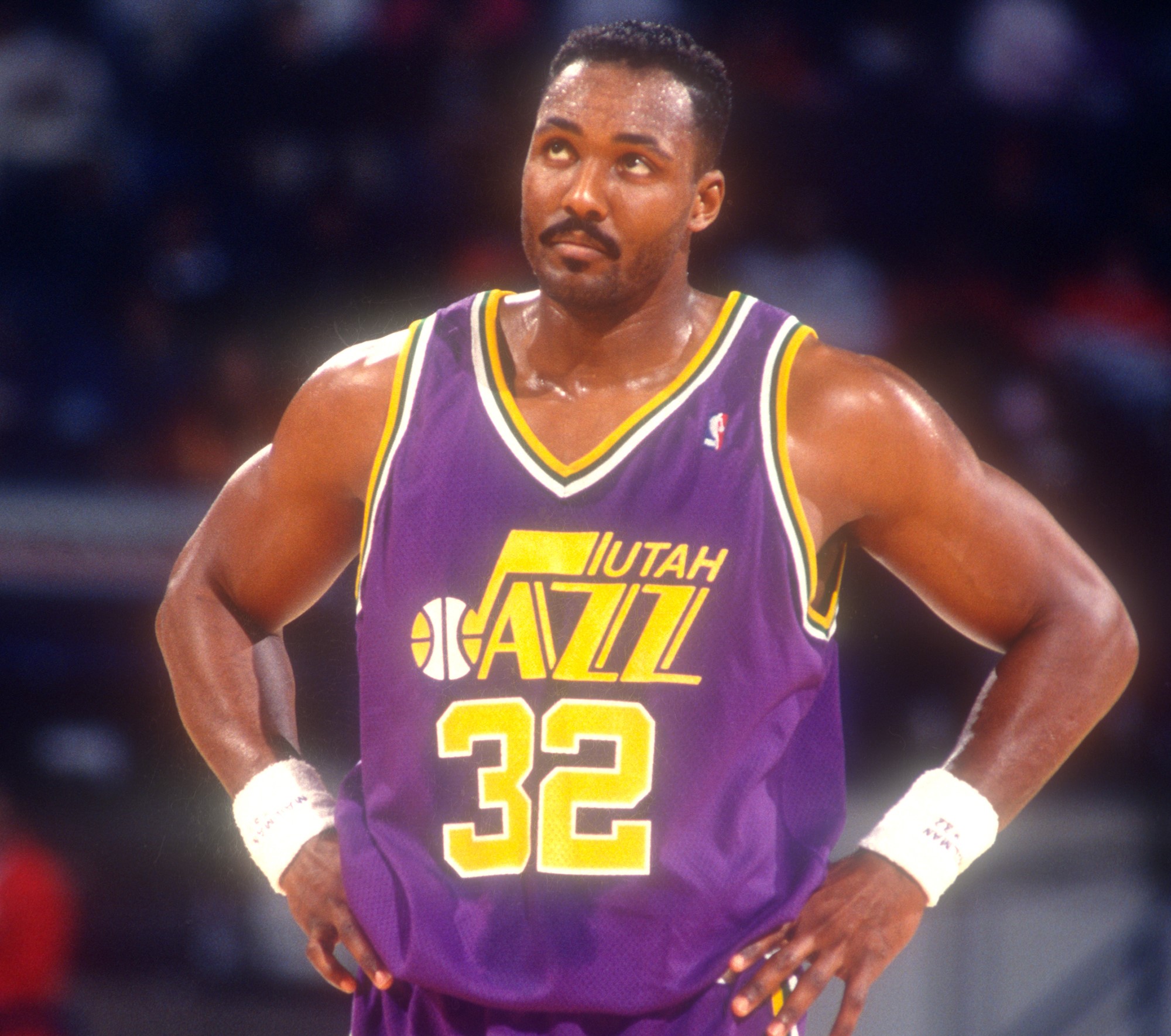 Karl Malone of the Utah Jazz looks on during a NBA game against the Washington Bullets.