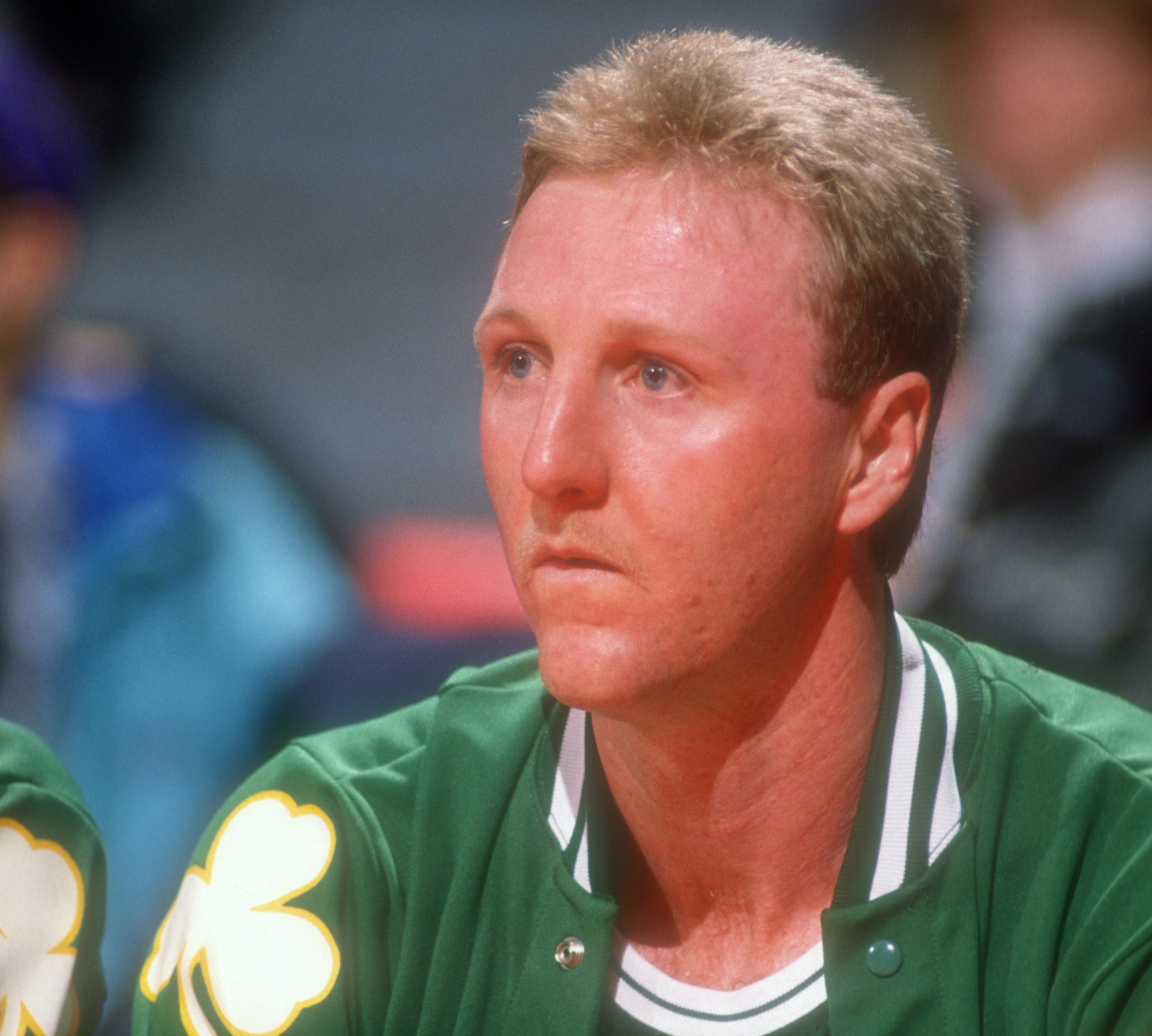 Larry Bird of the Boston Celtics looks on during a NBA game against the Washington Bullets.