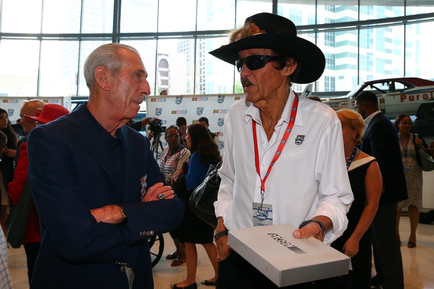 Ned Jarrett and Richard Petty speak after the NASCAR Hall of Fame Voting at NASCAR Hall of Fame on May 22, 2013, in Charlotte, North Carolina.  Streeter Lecka/NASCAR via Getty Images